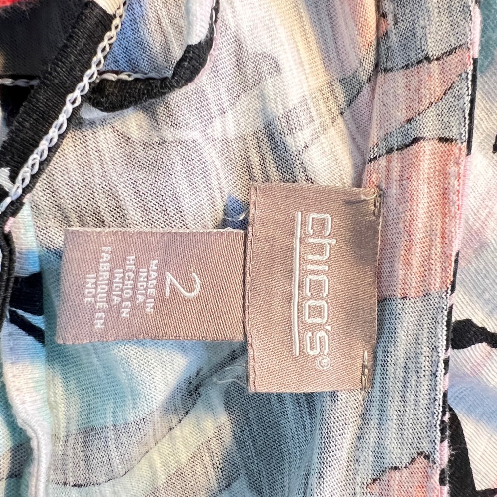 Chico's Lace Up Tunic Top Sz 2 L Tropical Floral 3/4 Sleeve Palm Coastal Summer - Picture 7 of 9